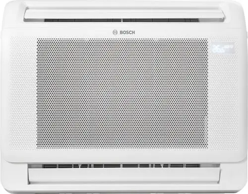 Weißes Klimagerät von Bosch mit einem Netzdesign, ausgestattet mit einem digitalen Display zur Anzeige der Temperatur und Lüftungsgitter an der Unterseite.